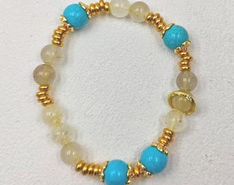 Crystal & Turquoise Bracelet – Handmade, Healing, Elegant Beads, Gold Accent Jewelry