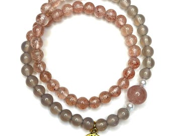 Strawberry Quartz & Grey Agate Bracelet – Custom Beads for Mindfulness, Calm and Positive Energy