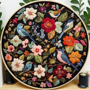 以下が含まれることがあります： 詳細な花と鳥のデザインが施された丸い刺繍枠。黒い生地には、赤、オレンジ、ピンク、白の色合いのカラフルな刺繍の花が施され、青い鳥が葉の間に止まっています。枠は明るい木材で縁取られています。