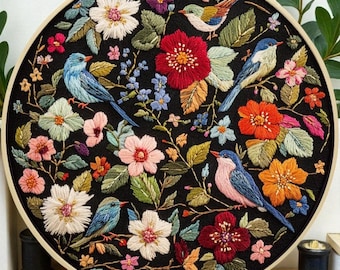 Kit de bordado de pájaros florales / Arte de puntada botánica DIY / Bordado a mano para principiantes / Patrón de flores y pájaros coloridos / Perfecto para regalo