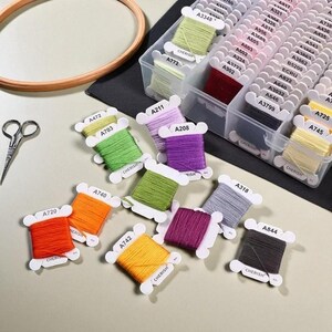 Puede incluir: Una colección de hilos de bordar coloridos, incluyendo verde, naranja y morado, junto con un bastidor de bordado de madera y unas tijeras pequeñas. Los hilos se almacenan en un contenedor de plástico transparente.