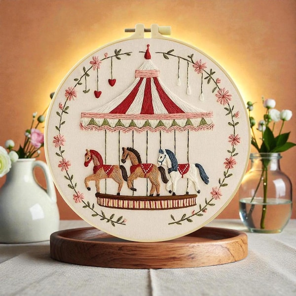 Carousel Horses Embroidery Kit, Vintage Fairground Needlework, Whimsical Nursery Wall Art