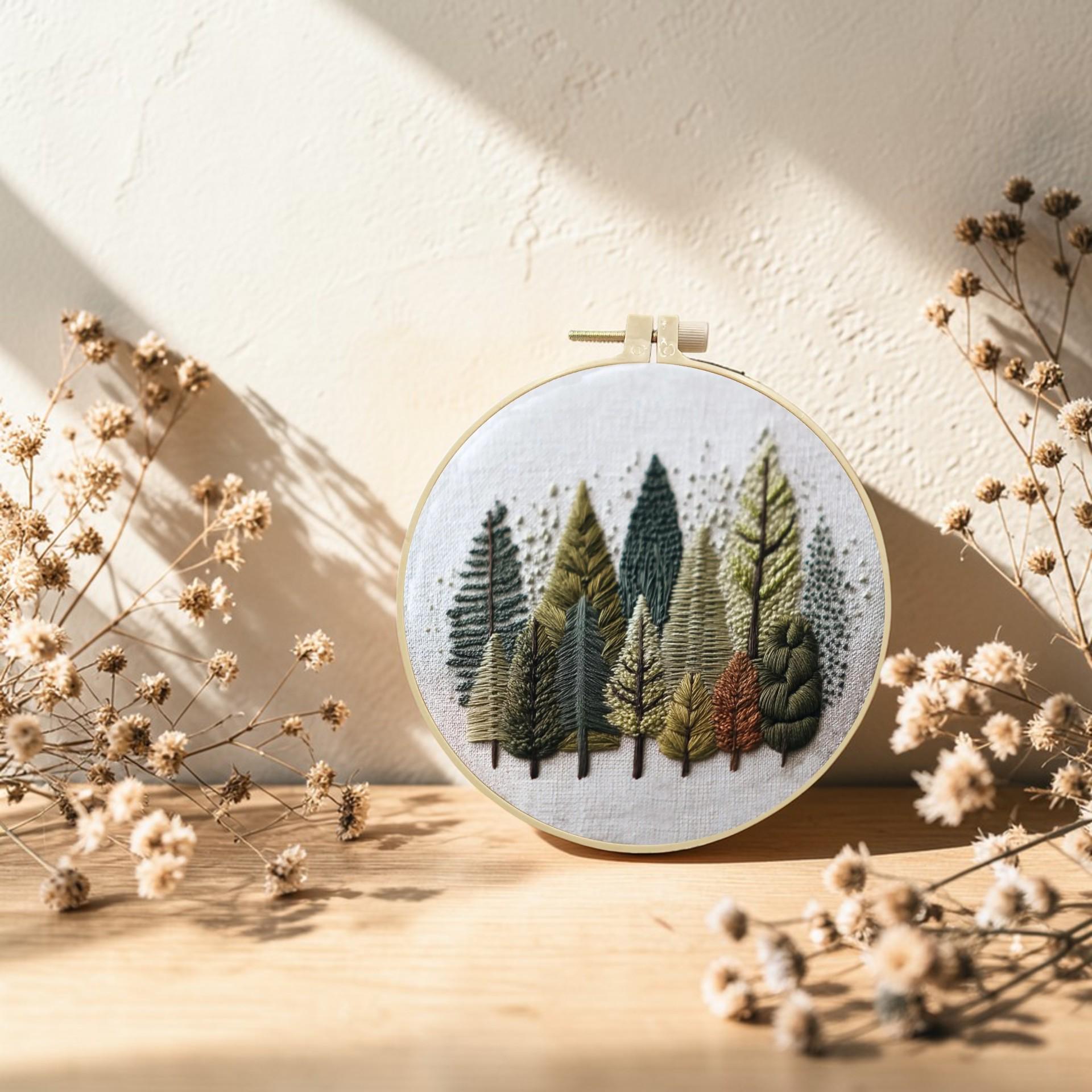 Pine Forest Embroidery Kit, Woodland Tree Needlework, Nature Inspired ...