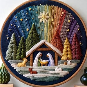 Peut inclure: Broderie dans un cercle en bois représentant une scène de la Nativité. La scène comprend un ciel aux couleurs de l'arc-en-ciel, des arbres à feuilles persistantes et une étable avec Marie, Joseph et l'enfant Jésus. Des animaux et une étoile sont également présents.