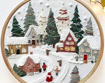 Christmas Village Embroidery Kit | DIY Winter Scene Hoop Art | Hand Stitch Snowy Town Needlepoint | Holiday Home Decor Gift