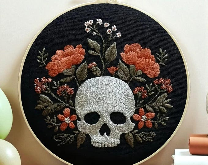 Gothic Floral Skull Embroidery Kit, DIY Modern Halloween Needlepoint Art, Beginner Adult Craft Kit, Perfect for Halloween