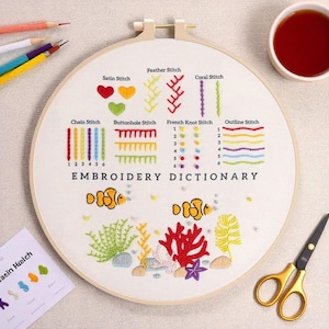 以下が含まれることがあります： 「刺繍辞書」のデザインが施された刺繍枠。サテンステッチ、フェザーステッチ、コーラルステッチなど、さまざまな色のステッチの例が示されています。デザインには刺繍された魚とサンゴが含まれています。金色のハサミと色鉛筆も表示されています。