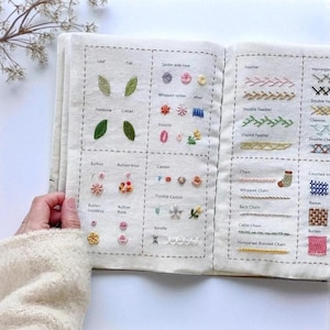 Peut inclure: Livre ouvert présentant des échantillons de points de broderie. Les pages affichent divers points comme la feuille, l'arête de poisson et la chaîne, chacun étiqueté. Les couleurs incluent le vert, le rose et le beige, mettant en valeur la broderie détaillée.
