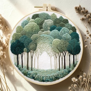 Op de afbeelding: Een handgestikt borduurwerk in een houten ring, met een boslandschap. Het kunstwerk toont verschillende tinten groen en blauwgroen om een gedetailleerd bos weer te geven. De bomen staan tegen een witte achtergrond, wat een driedimensionaal effect creëert.