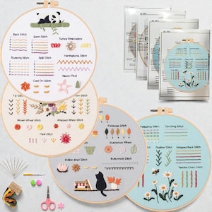May include: Embroidery hoop art featuring various stitch examples, including back stitch, stem stitch, and turkey embroidery. The hoops showcase colorful thread work with floral and animal designs, along with instructional diagrams. A craft kit with needles, scissors, and thread is also visible.