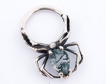 Green Moss Agate Spider Septum Piercing, Halloween Jewelry, Witchy, Spider Web, Horror Fan, Statement, Gothic, Gift for Her, Natural