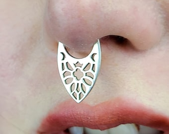 Moon Phase Goddess Cathedral Septum, Fake Nose Ring, Wicca, Stained Glass, Religious, Cross Nose Piercing, Gothic, 16G, Filigree Lace Floral