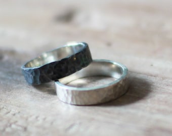 Hammered, Textured Silver Mens Wedding Band Ring, Solid Silver, Promise Ring, Unique Mens Ring, Large Black Oxidized, Geometric, Faceted