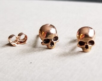 14K Rose Gold Skull Stud Earrings, Horror, Death, Occult, Witchy, Halloween, Gothic Stud Posts, Gift for Her, Everyday, Memento Mori, Cute
