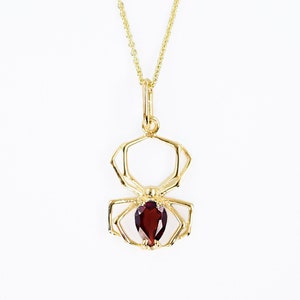 14K Yellow Gold Spider Pendant with Red Garnet, January Birthstone Jewelry, Sabrina, Riverdale, Potter Fan, Gothic, Halloween, Spiderweb