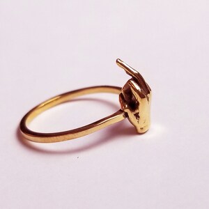May include: A gold ring with a raised middle finger design.