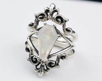 Rainbow Moonstone Coffin & Baroque Ring Combo, Set of 3, Vampire, Halloween Jewelry, Engagement, Wedding, Victorian, Lace, Stacking, Gothic