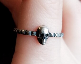 Studded Skull Ring, Punk Engagement Ring, Heavy Metal, Biker, Dainty, Rustic, Gothic, Romantic, Promise Ring, Victorian, Death, Wiccan, Bone