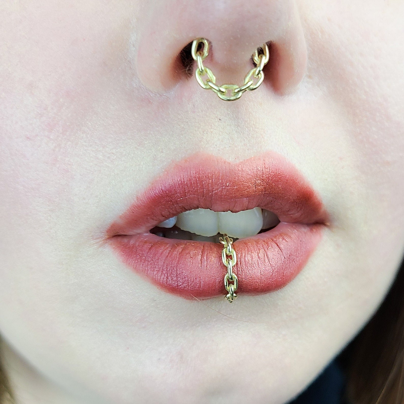 10K 14K Yellow Gold Chain Lip Cuff Fake Lip Piercing Etsy