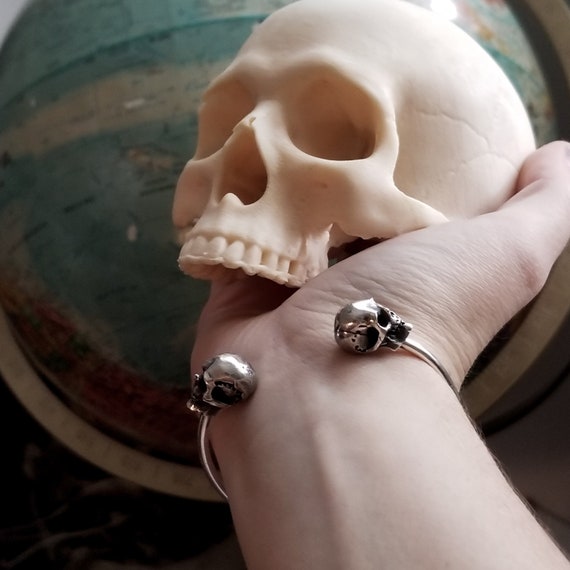 Silver Skull Bracelet, Adjustable Cuff, Gothic, Bangle, Biker Jewelry, Alternative, Witchy, Goth Fashion, Steampunk, Halloween, Skeleton