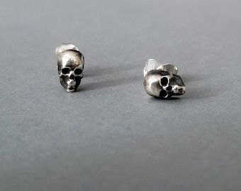 Tiny Skull Earrings, Goth Accessories, Dark Fashion, Silver Minimal Stud Posts, Rustic, Memento Mori, Wicca, Grunge, Alternative, Biker