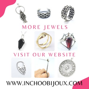 May include: A collection of silver and gold jewelry featuring a variety of designs, including a pendant with a black stone, a snake ring, a spider ring with a red stone, a ring with a geometric pattern, a hoop earring with a geometric pattern, and a pendant with a circular design. The text "MORE JEWELS" and "VISIT OUR WEBSITE" is displayed on the image. The website address "www.inchoobijoux.com" is also displayed on the image.