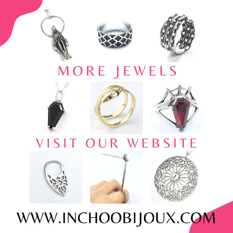 May include: A collection of silver and gold jewelry featuring a variety of designs, including a pendant with a black stone, a snake ring, a spider ring with a red stone, a ring with a geometric pattern, a hoop earring with a geometric pattern, and a pendant with a circular design. The text "MORE JEWELS" and "VISIT OUR WEBSITE" is displayed on the image. The website address "www.inchoobijoux.com" is also displayed on the image.