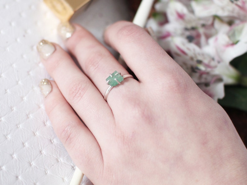 Raw Emerald Ring Solitaire Ring Green Emerald Dainty Rough Natural May Birthday Gift Rustic Raw May Birthstone Raw Gemstone Jewelry