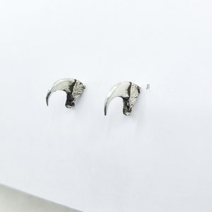 May include: A pair of silver claw-shaped earrings. The earrings are small and delicate, and they have a slightly textured finish.