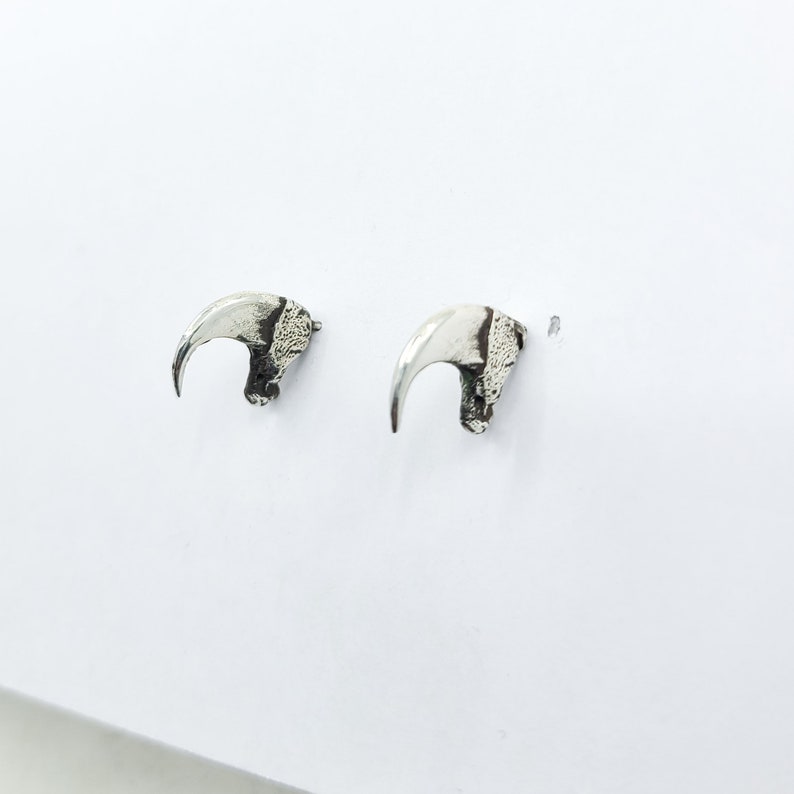 May include: A pair of silver claw-shaped earrings. The earrings are small and delicate, and they have a slightly textured finish.