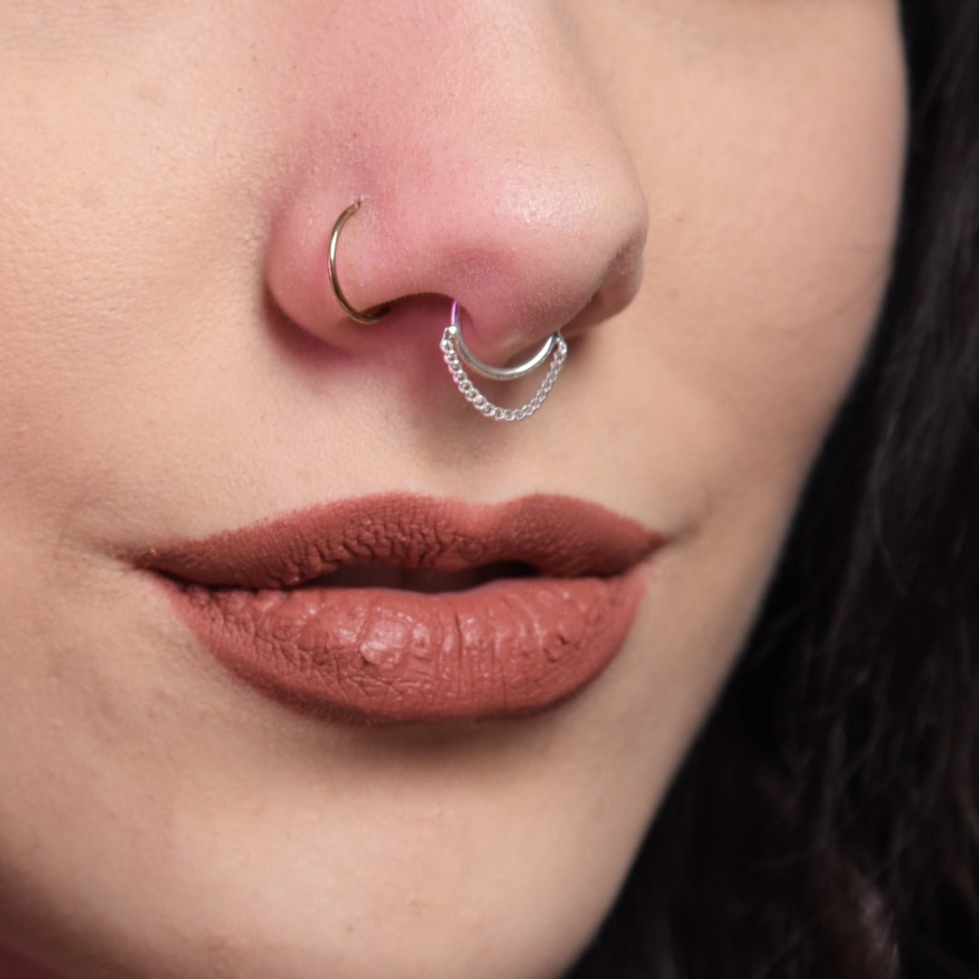 Minimal Chain Septum Nose Ring Silver Septum Piercing Etsy