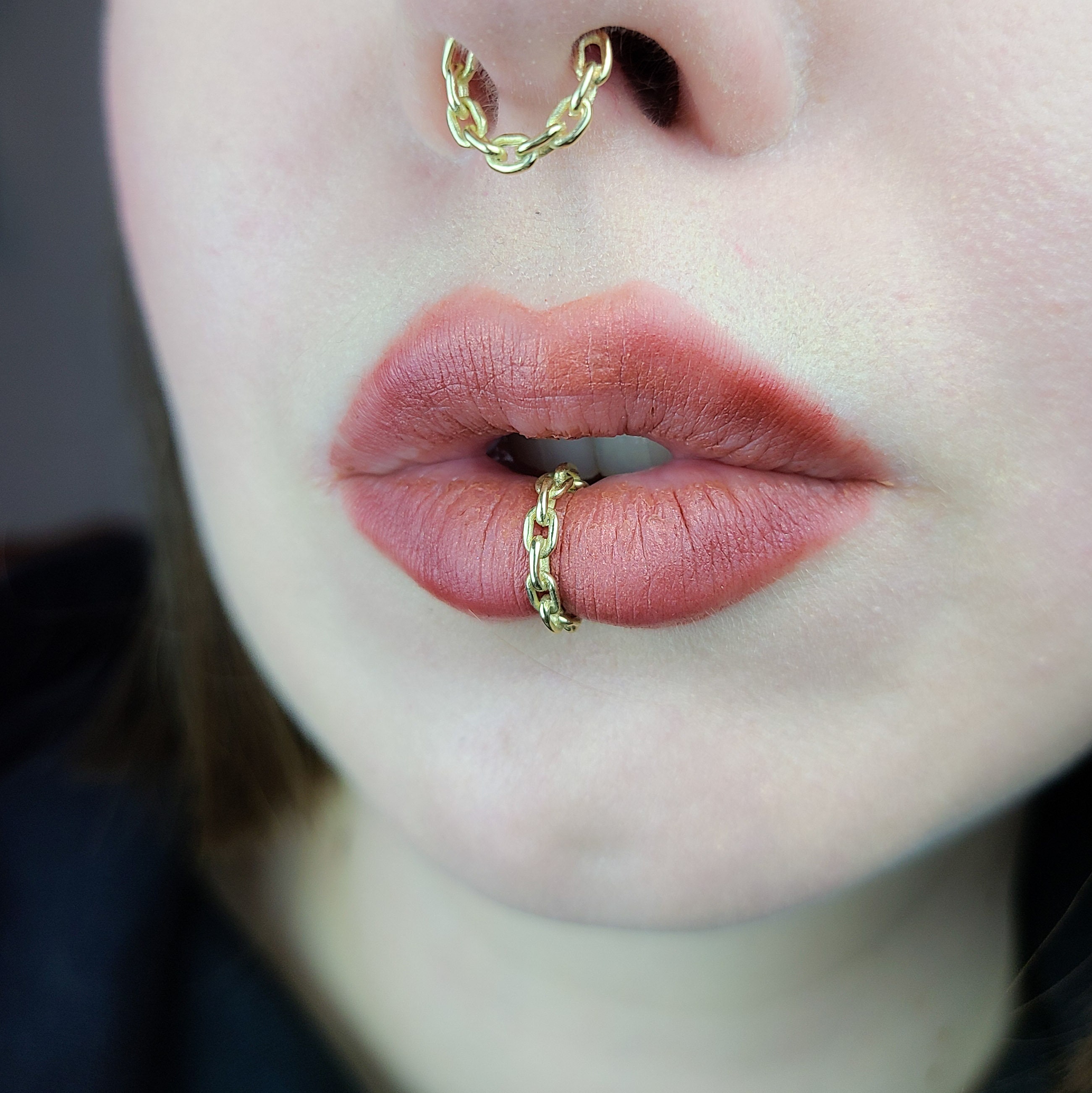 10K 14K Yellow Gold Chain Lip Cuff Fake Lip Piercing Etsy
