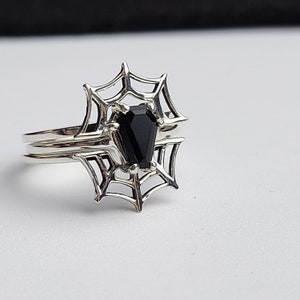 Black Coffin & Spider Web Ring Combo, Spiderweb, Cobweb, Halloween Jewelry, October Wedding, Gothic Engagement, Stacking, Spider, Set of 3