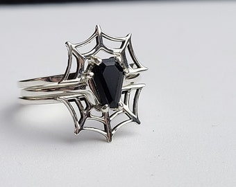 Black Coffin & Spider Web Ring Combo, Spiderweb, Cobweb, Halloween Jewelry, October Wedding, Gothic Engagement, Stacking, Spider, Set of 3