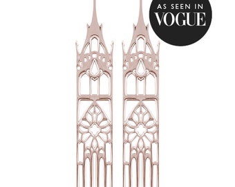 14K Rose Gold Moon Temple Cathedral Earrings, As seen in Vogue, Religious Jewelry, Church, Cross Earrings, Christmas Gift, Statement, Gift