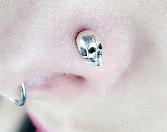 Tiny Skull Nose Stud, Silver Nose Pin, Skull Body Jewelry, Nose Screw, Helix, Cartilage, Tragus, Small Skull Piercing, 16G, 18G, Nostril