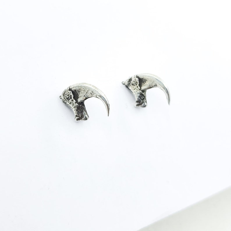 May include: A pair of silver claw earrings. The claws are detailed and realistic, with a textured surface.