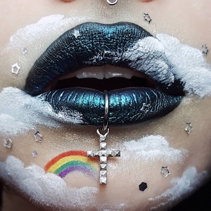 Dangling Studded Cross Fake Lip Ring, Body Jewelry, Religious, Rocker, Lip Hoop, Piercing, Lou Von Bright, Festival, Statement, Charm, Cuff