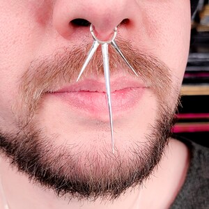 May include: A silver nose ring with a circular hoop and five spikes extending from the hoop. The spikes are pointed and have a shiny finish.