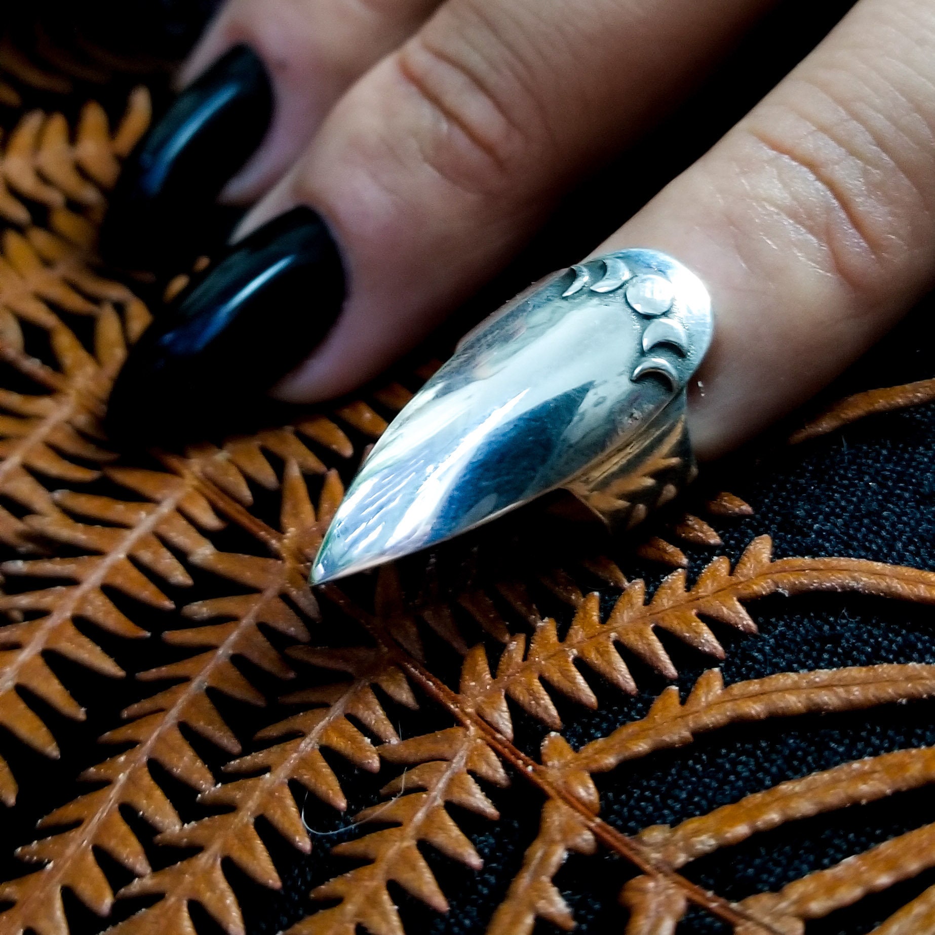 Moon Phase Stiletto Claw Ring Vampire Coffin Fake Nails Etsy