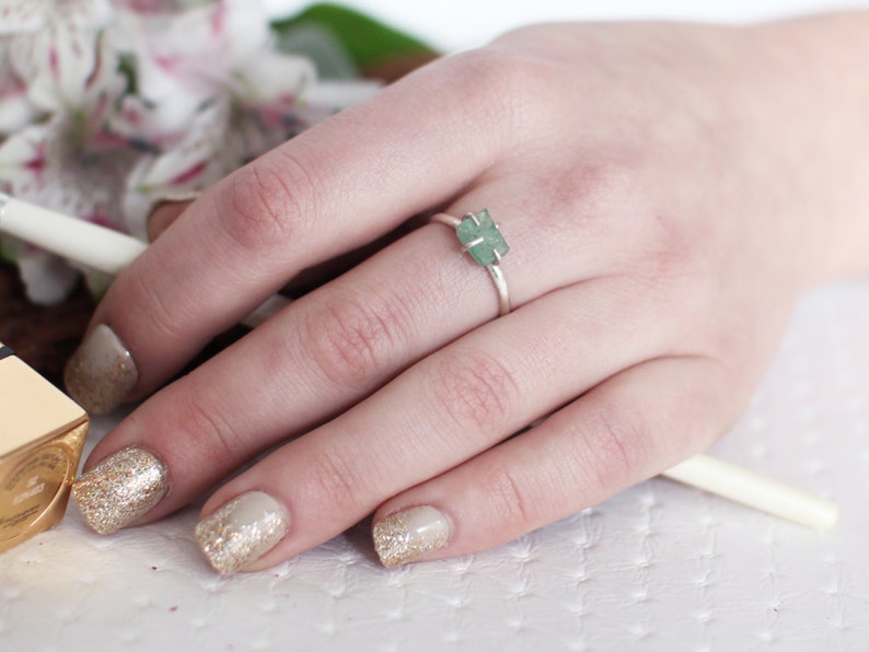 Raw Emerald Ring Solitaire Ring Green Emerald Dainty Rough Natural May Birthday Gift Rustic Raw May Birthstone Raw Gemstone Jewelry