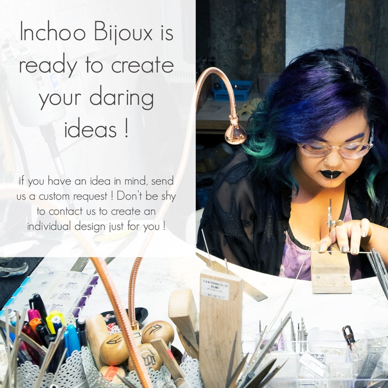 May include: A woman with purple and blue hair is working on a piece of jewellery. She is using a small tool to shape the metal. The text on the image reads "Inchoo Bijoux is ready to create your daring ideas! If you have an idea in mind, send us a custom request! Don't be shy to contact us to create an individual design just for you!"