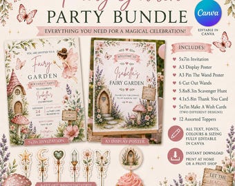 Può includere: Un set per feste Fairy Garden che include un invito 5x7in, poster A3, poster A3 pin the wand, 6 bacchette ritagliate, caccia al tesoro 5.8x8.3in, biglietto di ringraziamento 4.1x5.8in, biglietti make a wish 5x7in e 12 topper, modificabile in Canva.