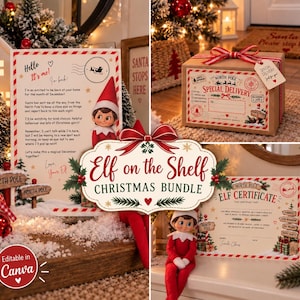 May include: A Christmas bundle featuring a North Pole special delivery box with red ribbon, an elf doll, a letter from an elf, and an official North Pole elf certificate. The items are decorated with festive holiday graphics and text.