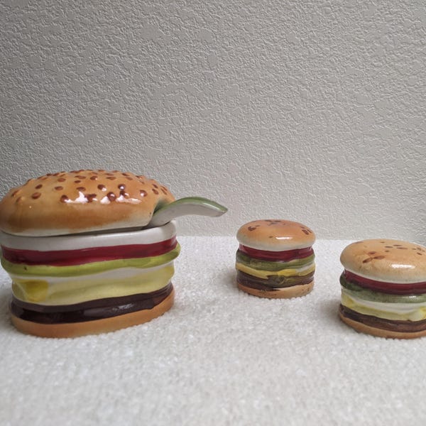 Vintage Ceramic Cheeseburger Condiment Dish with Spoon and Matching Salt and Pepper Shakers