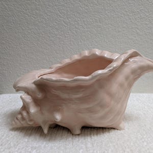 May include: A light pink ceramic seashell planter. The planter has a ruffled edge and a textured surface, with a smooth interior. The seashell is resting on a white surface.