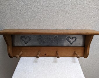 Vintage Hand Crafted Wooden Decorative Wall Shelf & Coat Rack with Stamped Tin