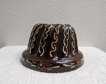 Molde para budín o kugelhopf de cerámica vintage pintado a mano, fabricado en Francia