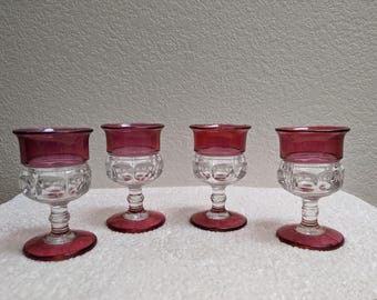 Set of Vintage Tiffin Franciscan Cranberry and Clear Cordial Glasses in Kings Crown Pattern