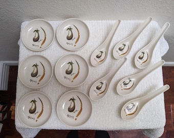 Set of Vintage Japanese Chi-Yee Melamine Soup Spoons and Sauce Dishes